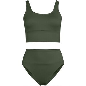 Land's End Swimsuit Set Midkini high waisted bottoms rich olive green ottoman S